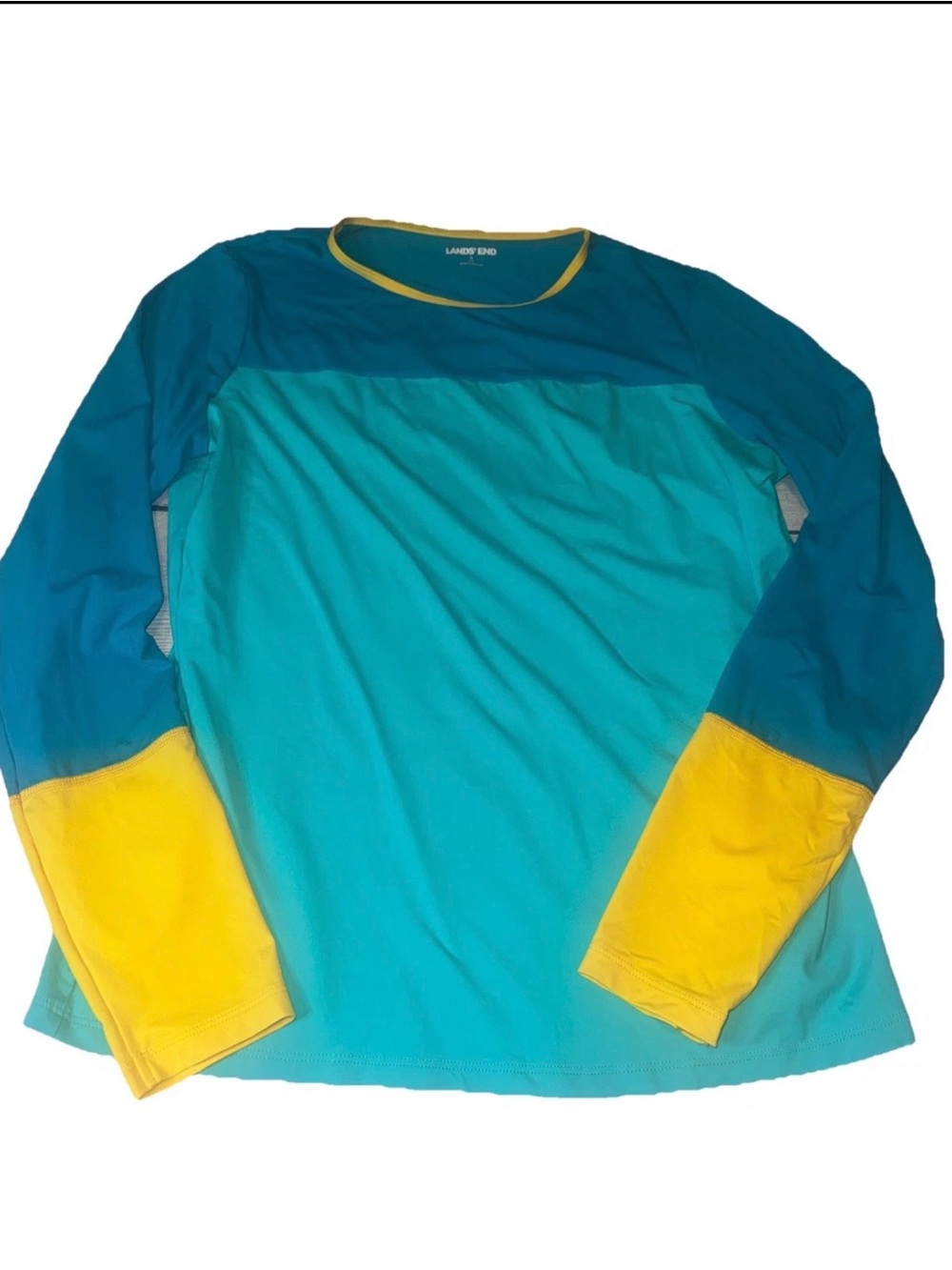 Lands’ End Rash Guard S 6 8 Blue Teal Yellow Long Sleeve Swim
